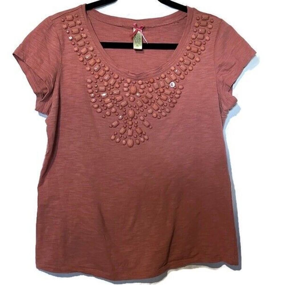 Down East Basics Collection Dusty Coral Jeweled Statement Neck-line T-shirt XL